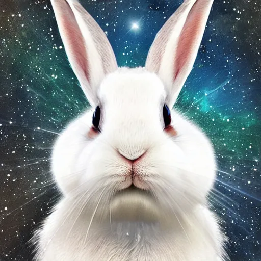 Image similar to happy rabbit's face only made by nebula space, higher realistic