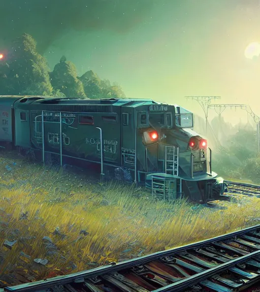 Image similar to highly detailed train in gta v, stephen bliss, unreal engine, fantasy art by greg rutkowski, loish, rhads, ferdinand knab, makoto shinkai and lois van baarle, ilya kuvshinov, rossdraws, tom bagshaw, global illumination, radiant light, detailed and intricate environment