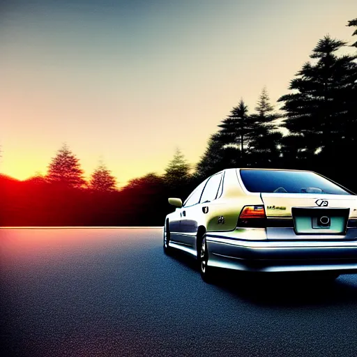 Image similar to a car Lexus LS400 VIP in middle of road, gunma prefecture, city sunset night, cinematic color, photorealistic, highly detailed