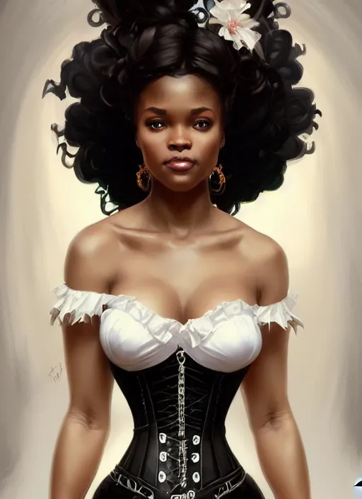 Image similar to cute black woman wearing a white corset dress, fantasy, intricate, highly detailed, digital painting, artstation, concept art, wallpaper, smooth, sharp focus, illustration, art by artgerm and greg rutkowski and alphonse mucha