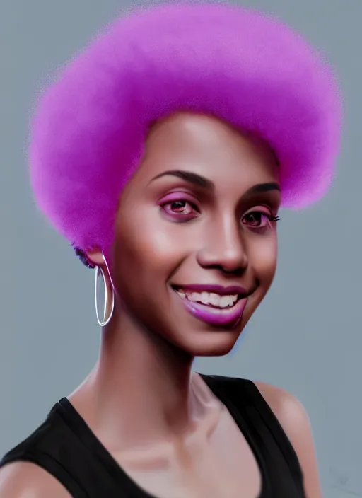 Image similar to portrait of vanessa morgan, black teenage girl, pink hair, wavy pixie haircut, purple newsboy cap, fluffy pink hair coming out from under cap, hoop earrings, subtle confident smile, intricate, elegant, glowing lights, highly detailed, digital painting, artstation, concept art, sharp focus, illustration, art by wlop, mars ravelo and greg rutkowski