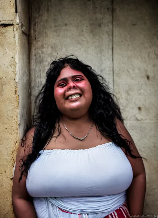 Prompt: close up portrait of a beautiful, fat 30-year-old woman from Cuba, happy, candid street portrait in the style of Martin Schoeller, award winning, Sony a7R