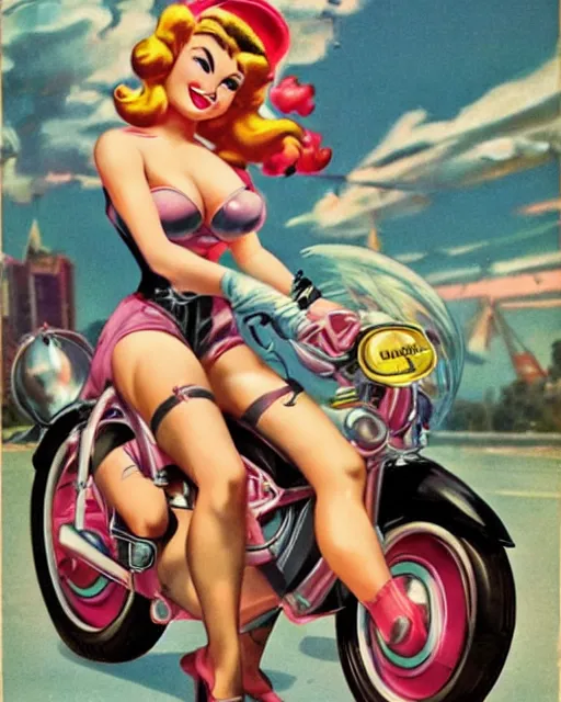 Image similar to cybernetic princess peach riding a motorcycle, 1 9 5 0 s pinup, retro futurism