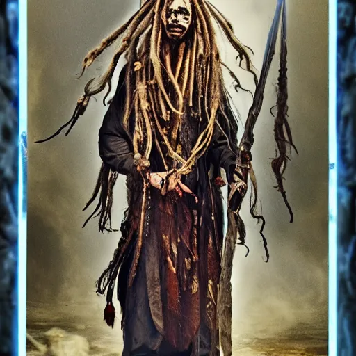 Image similar to a horror shaman with dreadlocks in sacrament of death