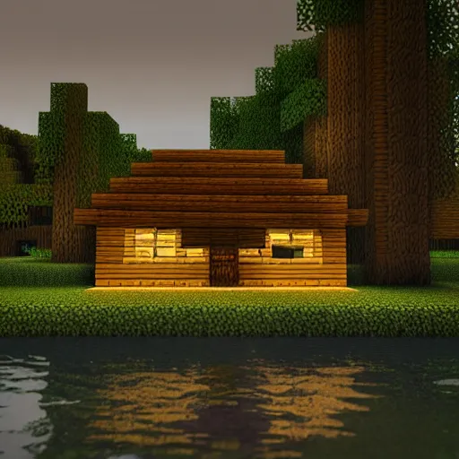 Image similar to atmospheric render of a small cabin next to a lake inside a dark cavern, minecraft, rendered with blender, 4 k