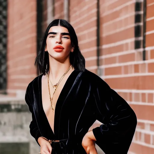 dua lipa wearing black robe and golden necklace, Stable Diffusion