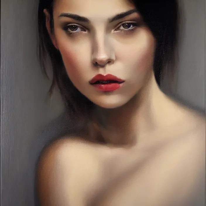 Prompt: alla prima portrait oil painting of young woman with lush dark hair and no makeup, dark beige grey background, lights and shadows, sensual, beautiful composition, hyperrealistic