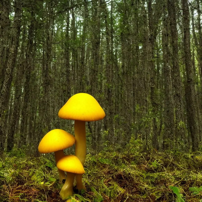 Prompt: a little yellow mushroom in a moody dreamy forest