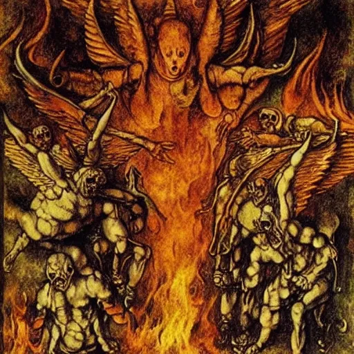 Prompt: vision of hell with winged demons flying over the flames, art by albrecht durer