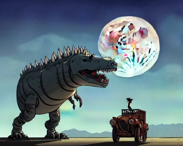 Prompt: a cell shaded cartoon giant grey lovecraftian mechanized t - rex from howl's moving castle ( 2 0 0 4 ), with a big head, on a desert road, wide shot, in front of a big moon, muted colors, post grunge, josan gonzales, wlop, by james jean, victor ngai, hq, deviantart, art by artgem