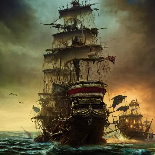 Image similar to a hyperrealistic illustration of Captain Jack Sparrow as Davy Jones, Davy Jones with Tentacles, Face hybrid of Davy Jones and Jack Sparrow, Pirates of the Caribbean Ship with fractal sunlight in the Background, award-winning, masterpiece, in the style of Tom Bagshaw, Cedric Peyravernay, Peter Mohrbacher
