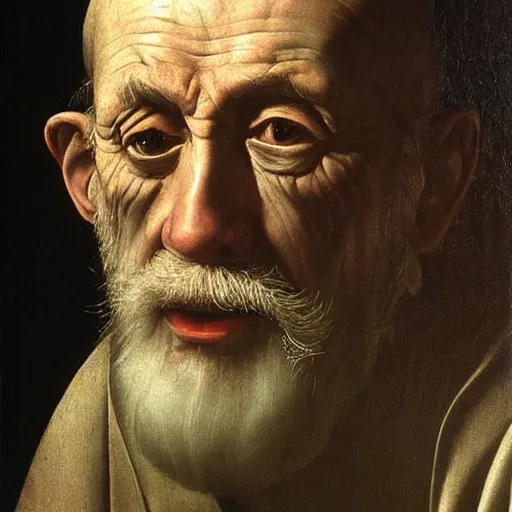 Image similar to hyper realistic portrait of a old man of the 16th century , drammatic Light , Art by Caravaggio
