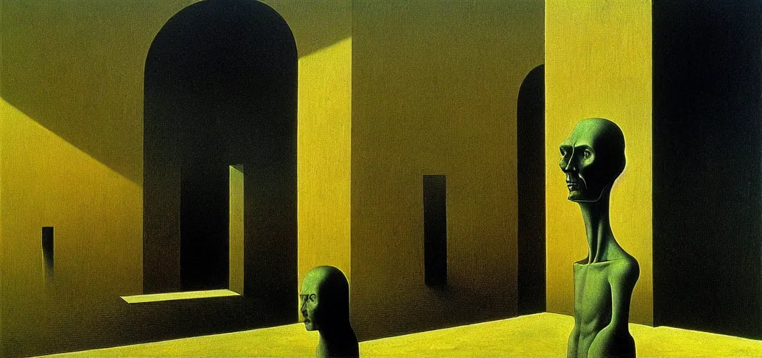 Image similar to dystopian surreal painting of a single eerie head statue surrounded by buildings by zdzisław beksinski and caravaggio