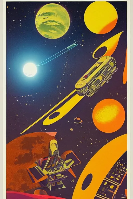 Prompt: 7 0 s travel poster for an extraterrestrial system destination, daniel marriam