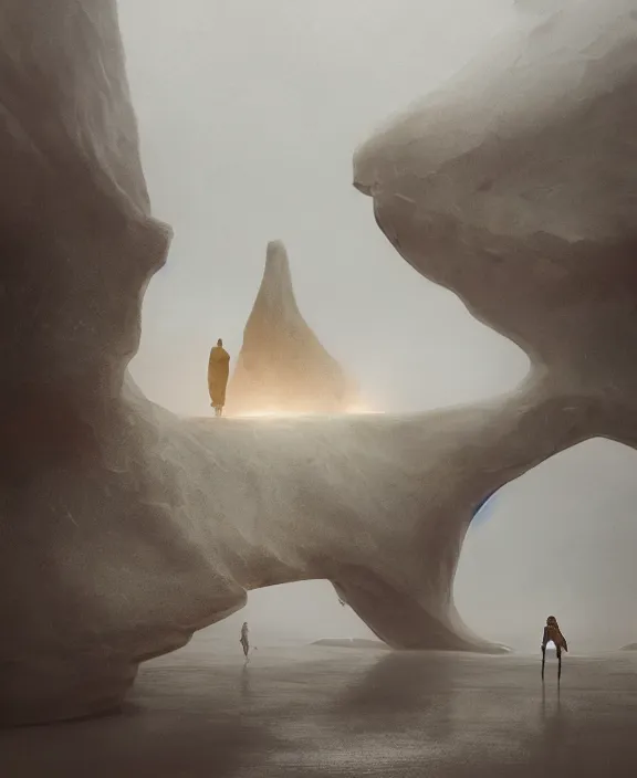 Image similar to surreal epic, masterpiece, romantic soct white exploration base, ancient ochre palette, impossible architecture by ruan jia, mecha floor, futuristic, blame, white architecture in the beach in iceland, foggy, highly detailed, digital painting, arstation, concept art, hyperealistic octane render, unreal engine