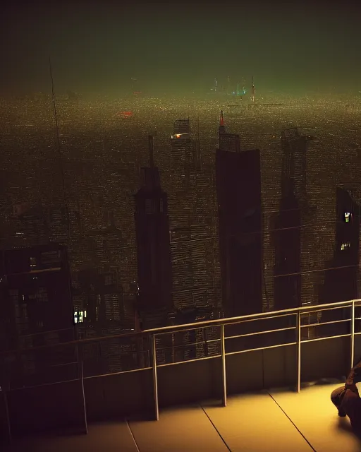Image similar to a night rooftop scene by Frank Miller, neon lights in the city below, low angle shot of a photorealistic gangster wearing a trench coat looking at the city below, dark mood, octane render, unreal engine 5, vray render