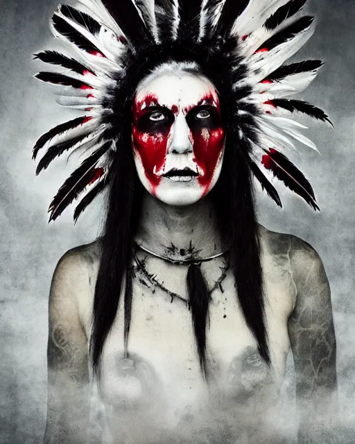 Image similar to lady native sisters ghost - spirit of the grim - warpaint wears the scarlet skull armor and native blood headdress feathers, midnight fog - mist!, dark oil painting colors, realism, cinematic lighting, various refining methods, micro macro autofocus, ultra definition, award winning photo, photograph by ghostwave - gammell - giger - shadowlord