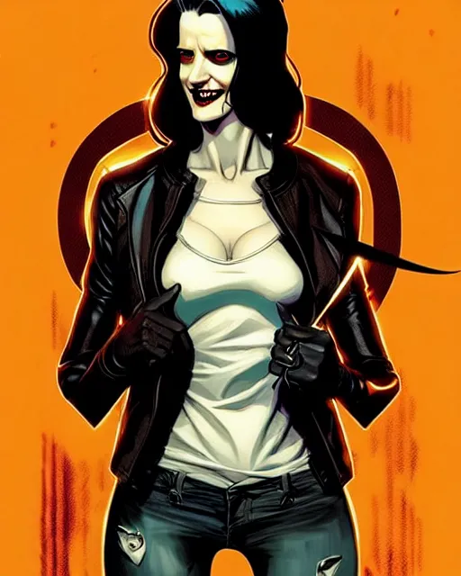 Image similar to Rafael Albuquerque comic cover art, artgerm, Joshua Middleton, pretty Eva Green vampire, sharp vampire teeth, sarcastic smile, symmetrical eyes, symmetrical face, brown leather jacket, jeans, long black hair, full body, building on fire, cool colors