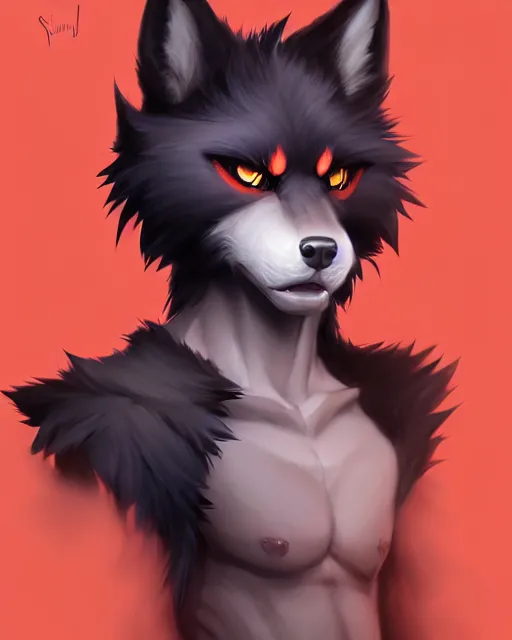 Image similar to character concept art of a black anthropomorphic furry male wolf with red hair | | handsome - fine - face, pretty face, key visual, realistic shaded perfect face, fine details by stanley artgerm lau, wlop, rossdraws, james jean, andrei riabovitchev, marc simonetti, and sakimichan, trending on artstation