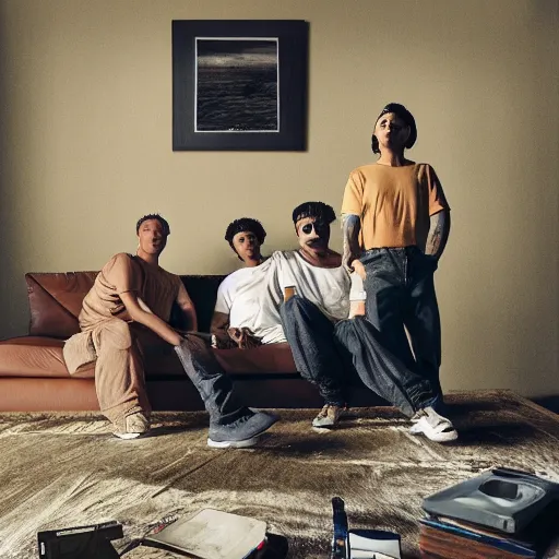 Prompt: gang members chilling around dirty couch in a beige room thick atmospheric dust sun barely shines through the blinds jonathan zawada style photography