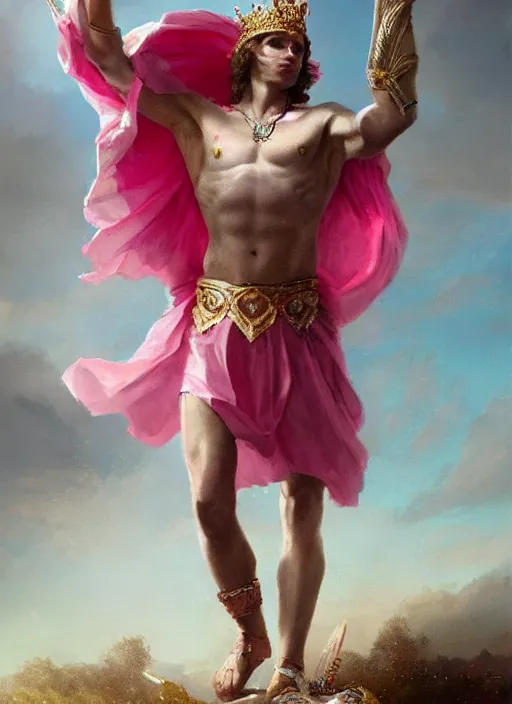 Image similar to vladimir putin as a magnificent beautiful greek god in a crown and pink balerrina skirt by greg rutkowski