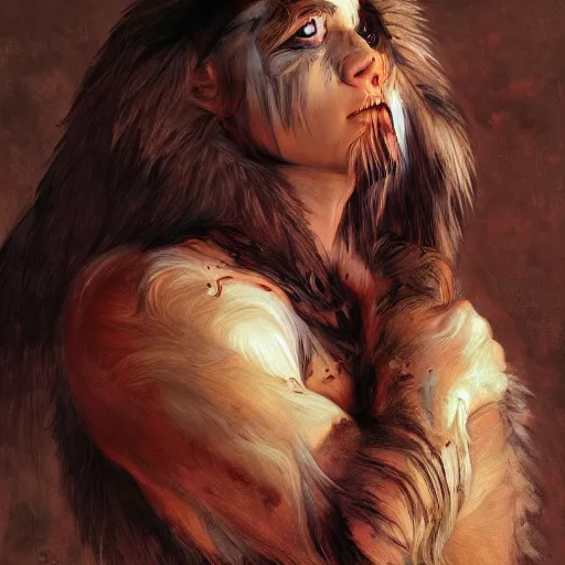 Image similar to half wolf half human hit intricate skin, fur, silicone cover, elegant, peaceful, full body, hyper realistic, extremely detailed, dnd character art portrait, fantasy art, intricate fantasy painting, dramatic lighting, vivid colors, deviant art, artstation, by edgar maxence and caravaggio and michael whelan and delacroix