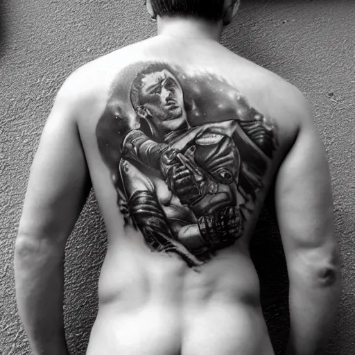 Prompt: a picture of my new back tattoo of chris redfield by tom of finland