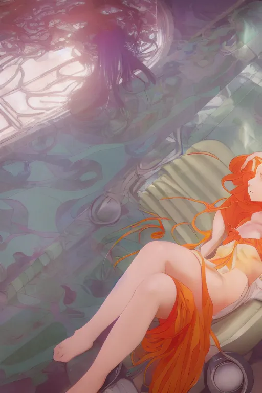 Image similar to a girl with long white hair lying in a bathroom bath at afternoon, green and orange theme, s line, 4 5 angel by krenz cushart and mucha and makoto shinkai and akihito yoshida and greg rutkowski, 4 k resolution