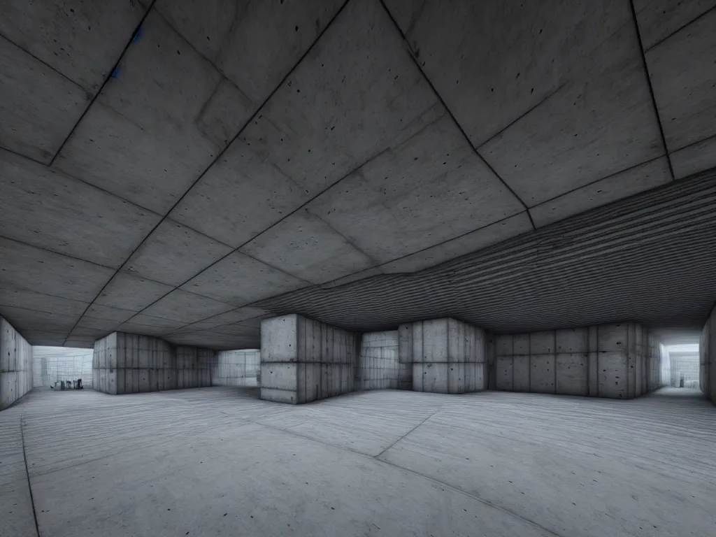 Prompt: Concrete huge dark-gray multi-layered underground structure with multiple floors and a plus-shaped cleft in the center. Inside view, straight lines, corners, high detailed, details, ultra realistic, photorealism, 8k, symmetrical, brutalism, beam, non-euclidean, architecture, volumetric lighting, cinematic