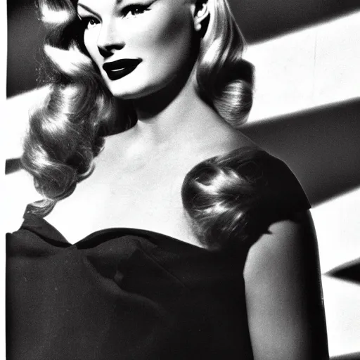 Image similar to Veronica Lake photoshoot, 1960s mod style, dramatic lighting, color film, halo effect
