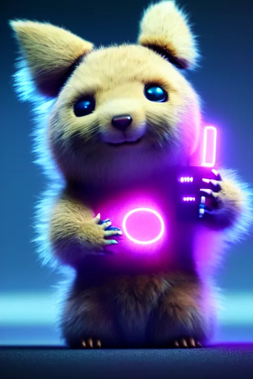 Image similar to high quality 3 d render post - cyberpunk very cute fluffy! wombat!! cyborg, mechanical paw, highly detailed, unreal engine cinematic smooth, in the style of detective pikachu, hannah yata charlie immer, neon purple light, low angle, uhd 8 k, sharp focus