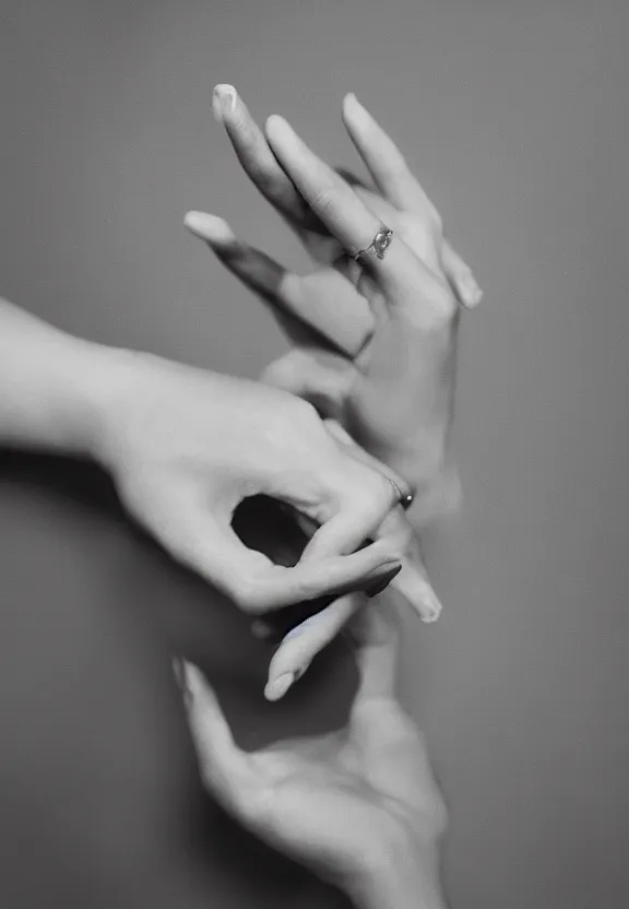 Image similar to a photo of one ultra detailed woman's palm, cupping hand gesture, point finger with ring on it, other hand not visible, instagram photo, studio photo