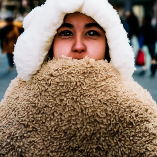 Image similar to portrait of a womans face, age 2 0 in a fluffy sheep costume, outside theatre, street photography by steve mccurry, 5 0 mm f / 1. 4