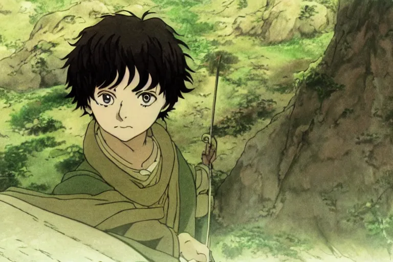 Prompt: frodo in the anime lord of the rings by studio ghibli, movie still frame, very detailed, artwork by hayao miyazaki, kentaro miura, satoshi kon, high quality, 4 k