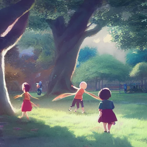 Prompt: one girl and two boys playing in the park, daytime, drops around, particles, shiny, Studio Ghibli, animated, illustrated, vibrant, by Greg Rutkowski, artstation, oil painting, detailed, 4k, colorful