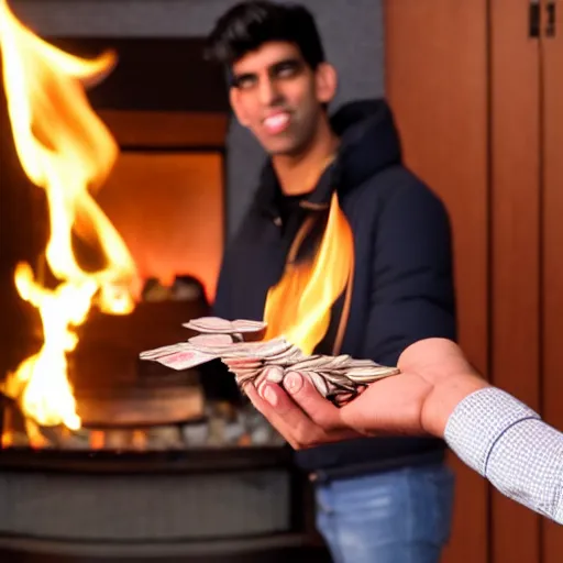 Image similar to photo of rishi sunak throwing money into a fire in a cold house