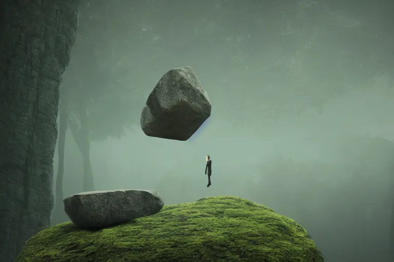 Prompt: levitating rocks in lush mountain forest, floating, octane render, cinematic, blade runner 2049, Imax, dramatic composition and lighting, strange, weird, award winning photography, dreamlike, 8k,