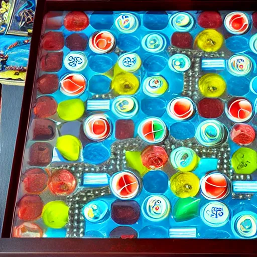 Prompt: a boardgame made of sea-through glass candies