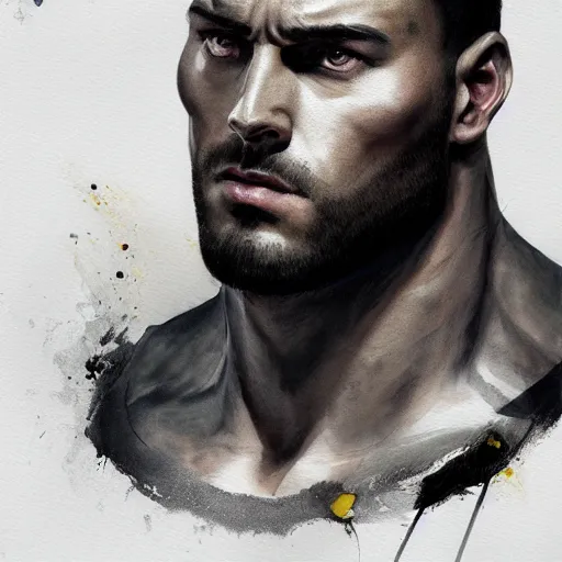 Image similar to watercolor artwork of a computer headed muscular man with yellow eyes, gigachad, dramatic black and white, concept art, super detailed, 4 k hd, trending on artstation, digital painted, low contrast, made by greg rutkowski and viktoria gavrilenko