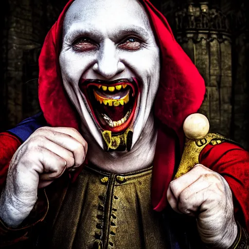 Image similar to medieval jester laughing, sinister, photograph, portrait,