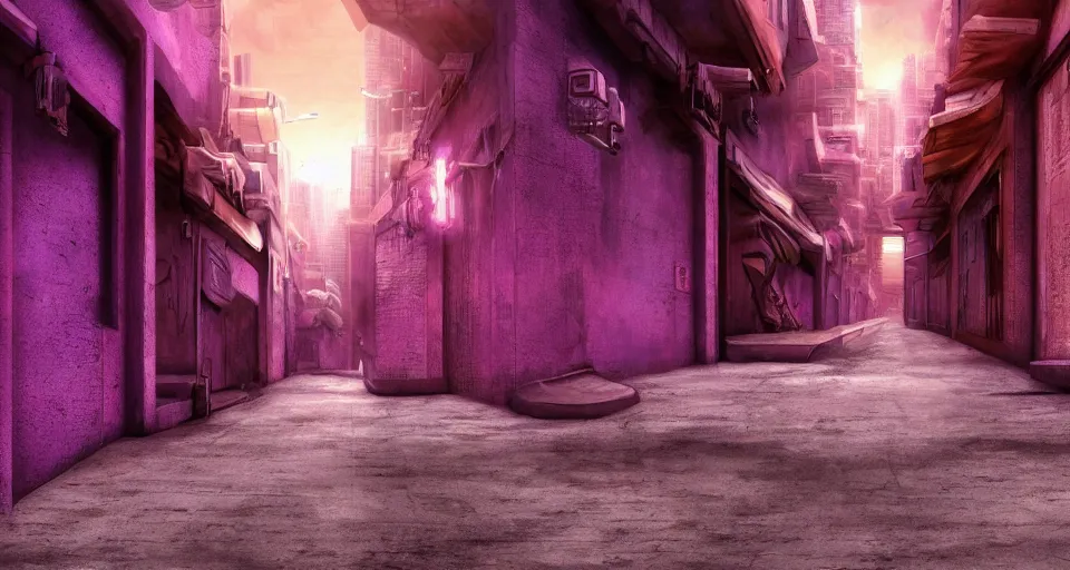 Image similar to Sci-fi wallpaper of an alley in a desert city, close-up view, purple color-theme, cinematic, science-fiction art wallpaper, stunning digital art