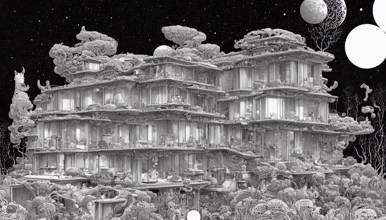 Image similar to luxury home by nicolas delort, moebius, victo ngai, josan gonzalez, kilian eng