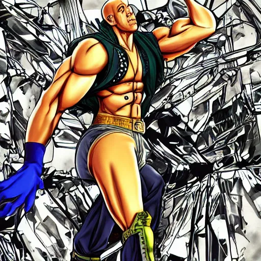 Image similar to Digital painting of Vin Diesel wearing clothes designed by Emilio Pucci walking like a Italian model in JoJo\'s Bizzare Adventure anime style, official media from JoJo\'s Bizzare Adventure, highly detailed, sharp focus, screentone shading, 1990s manga panel, ArtStation, art by Hirohiko Araki