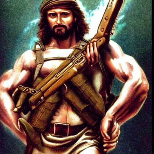 Image similar to jesus rambo with heavy machinegun