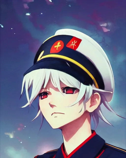 Image similar to a 3 / 4 view portrait of a feminine anime boy with white hair wearing soviet sailor outfit and a sailor hat, pixiv, artstation, art by artgerm ilya kuvshinov makoto shinkai and ( valentin bernardsky ), watercolor, sharp focus, cute, kawaii, high quality