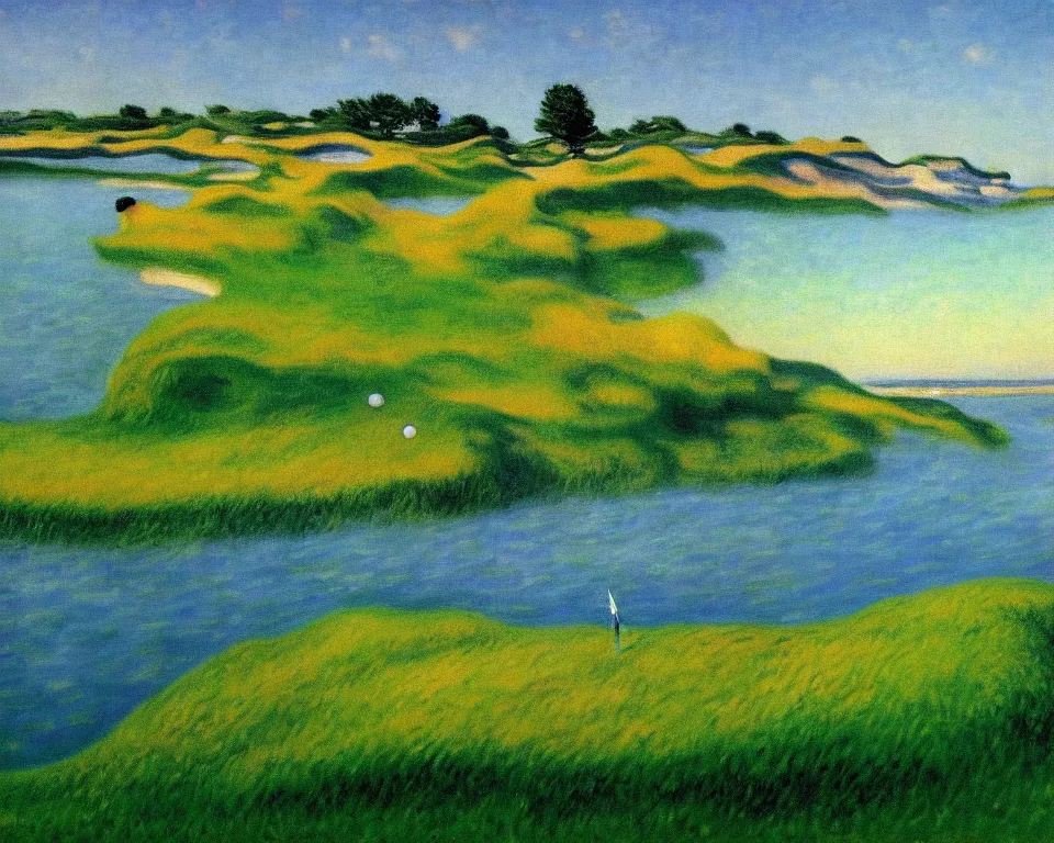 Prompt: achingly beautiful painting of bandon dunes golf course by rene magritte, monet, and turner.