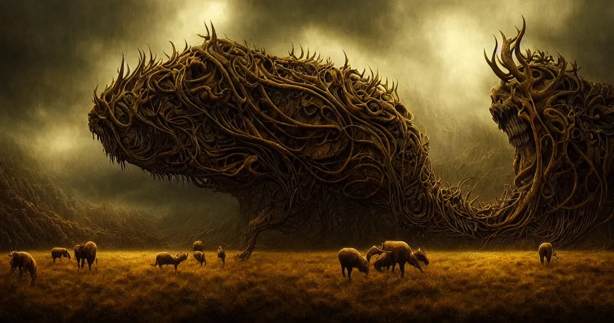 Image similar to epic professional digital art of startling hungry landscape, faint golden moody atmospheric lighting, painted, intricate, detailed, detailed, foreboding, by leesha hannigan, wayne haag, reyna rochin, ignacio fernandez rios, mark ryden, iris van herpen,, epic, stunning, gorgeous, much wow, cinematic, masterpiece.