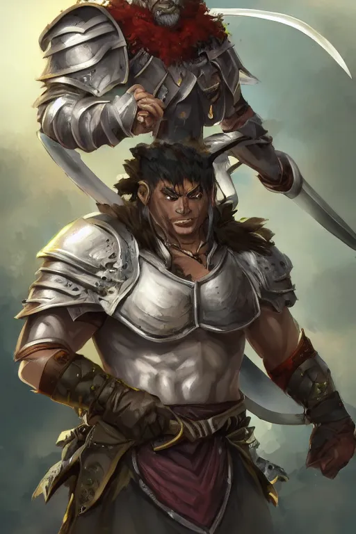 Image similar to A realistic anime portrait of a D&D male half-orc warrior, two handed sword, plated armor, dungeons and dragons, tabletop role playing game, rpg, jrpg, digital painting, by Stanley Artgerm Lau, Sakimichan, WLOP and Rossdraws, digtial painting, trending on ArtStation, SFW version