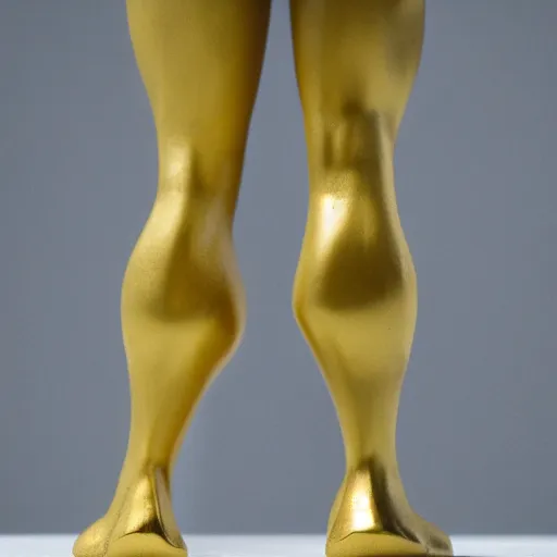 Prompt: stunning close up photograph of marble sculpture of strong masculine man's legs made of marble set on fine gold base, masculine texture background, 40mm lens, shallow depth of field, split lighting