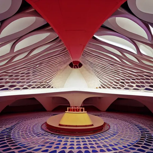 Prompt: interior of a futuristic lotus temple space station with gold, red and white marble panels, by buckminster fuller and syd mead, intricate contemporary architecture, photo journalism, photography, cinematic, national geographic photoshoot